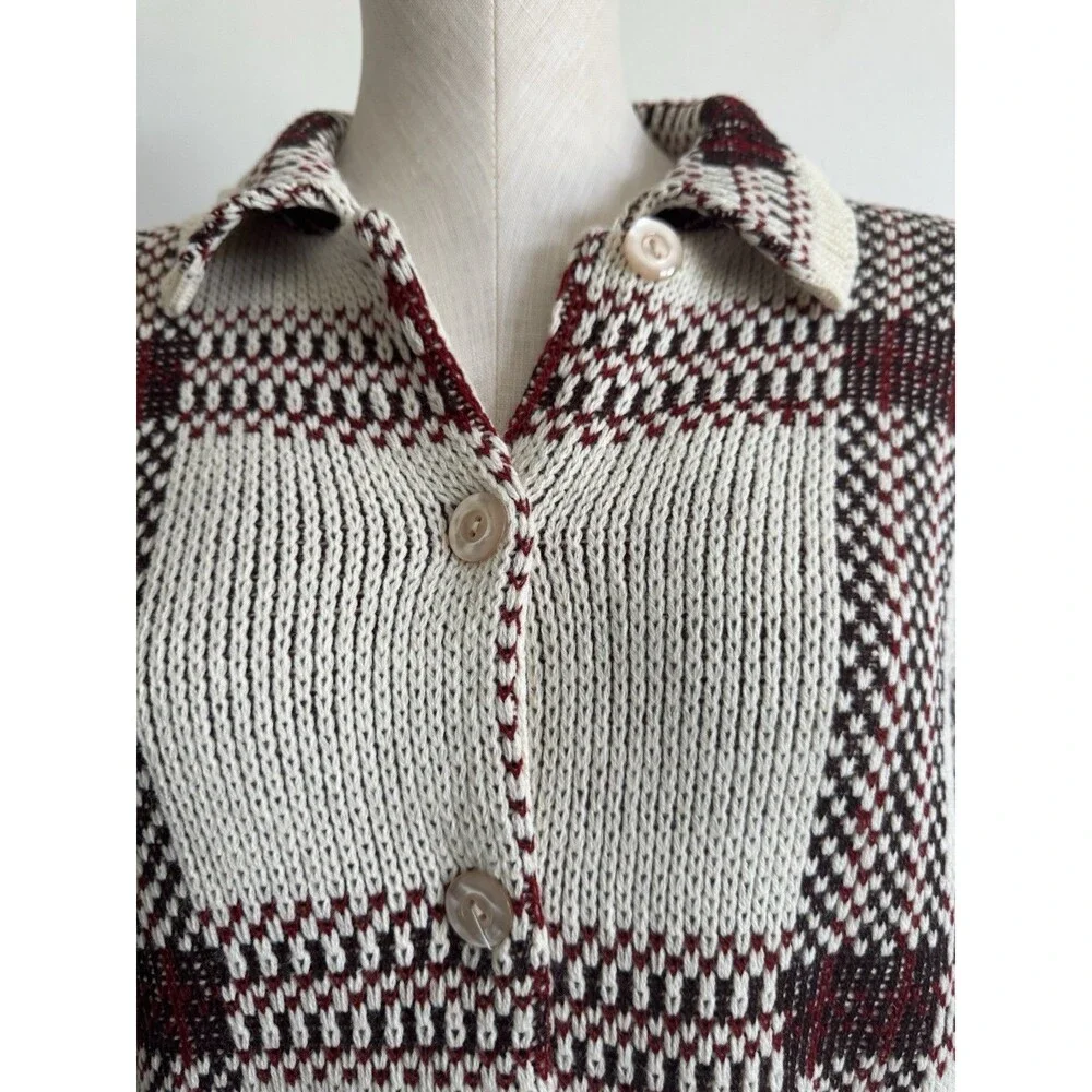 Sturbridge Women’s Plaid Knit Cardigan Sweater Beige Maroon Button Front XL